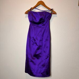 Bebe fitted, strapless purple satin dress, specifically a purple tube dress or s